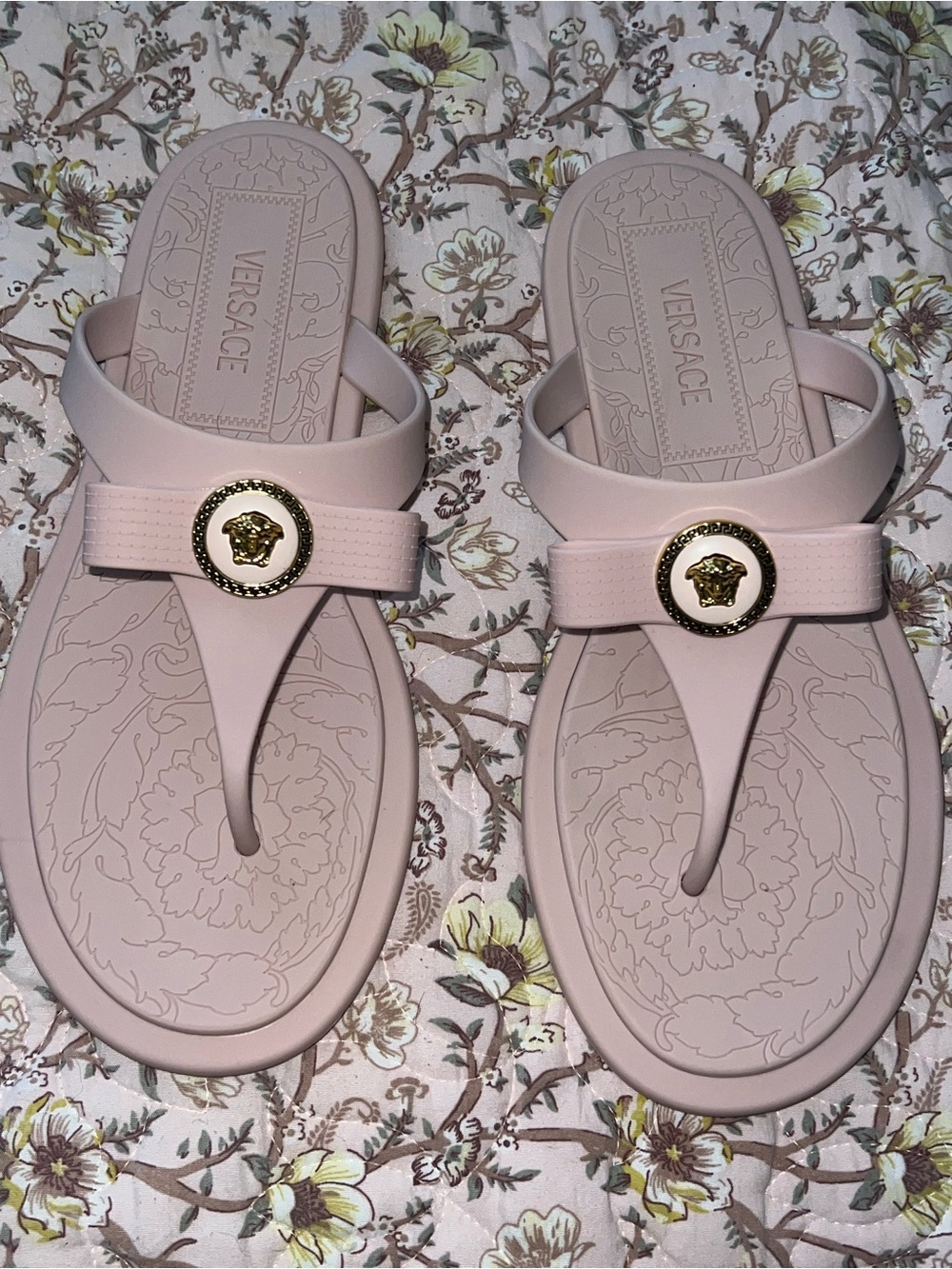 Versace Pale Pink Medusa Thong Sandals with Gold Emblem
